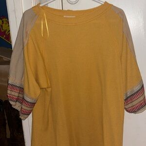 Waffle Knit Top with Multicolor Embroidered Sleeves